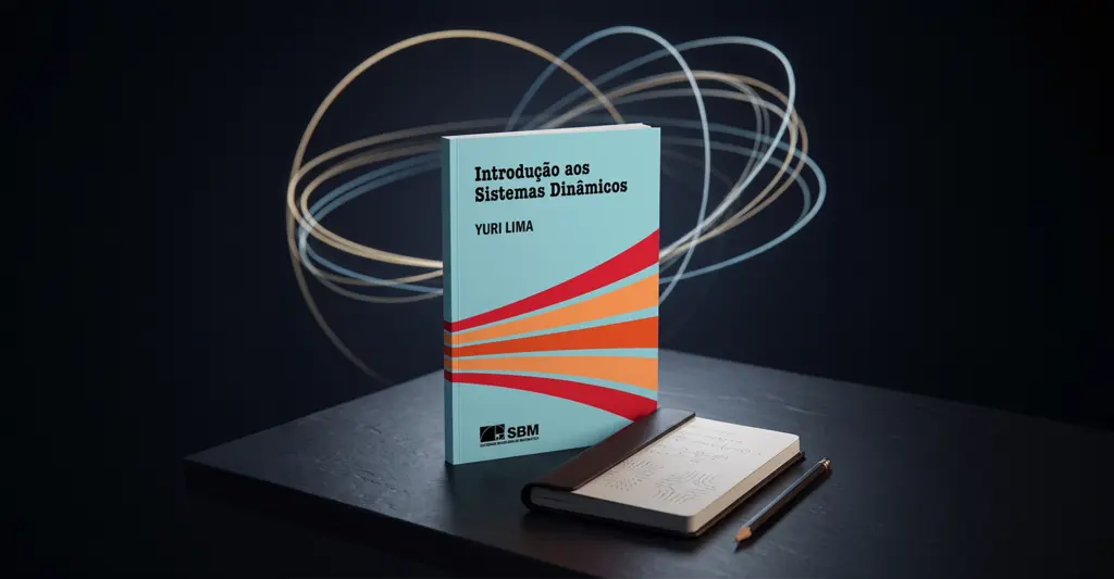 Livro Introdução aos Sistemas Dinâmicos, de Yuri Lima, sobre mesa escura com trajetórias luminosas ao fundo
