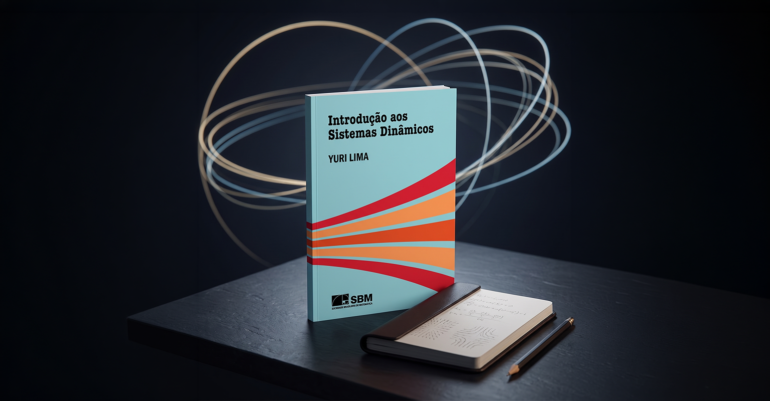 Livro Introdução aos Sistemas Dinâmicos, de Yuri Lima, sobre mesa escura com trajetórias luminosas ao fundo