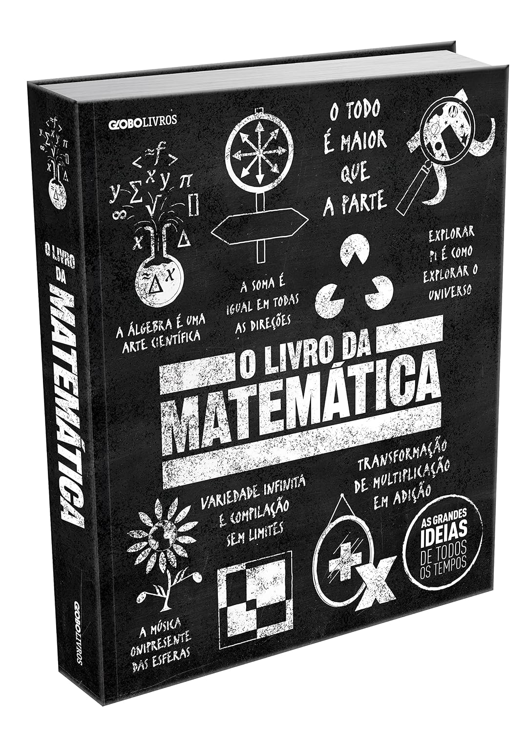 Mockup do exemplar físico de O livro da matemática, obra coletiva da DK, 1ª edição em português da Globo Livros, com 352 páginas