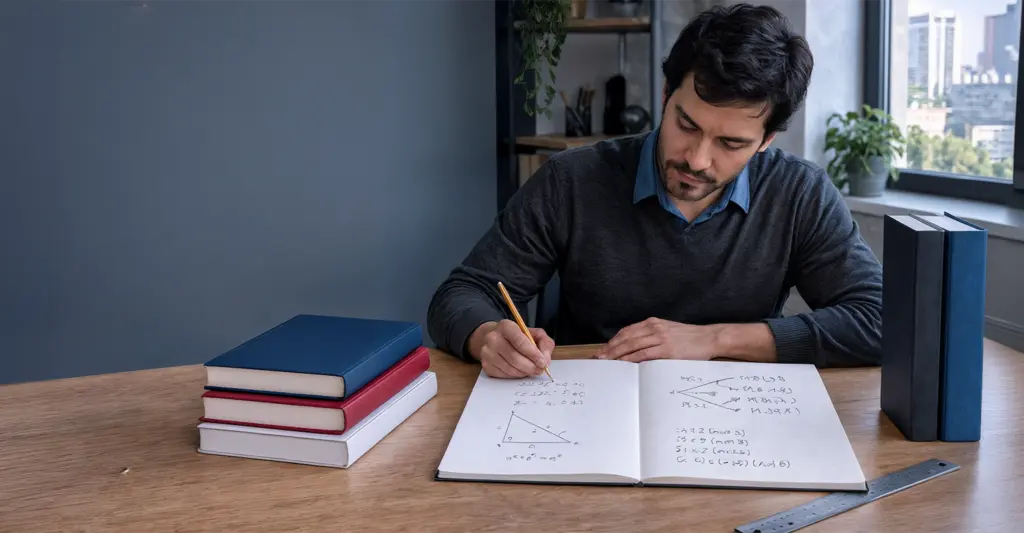 Professor estudando matemática com cinco livros para a preparação do ENA/PROFMAT