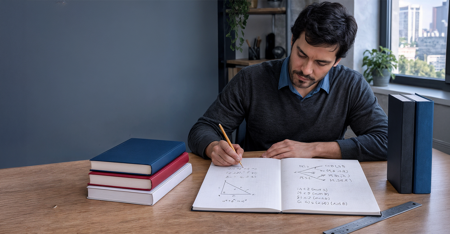 Professor estudando matemática com cinco livros para a preparação do ENA/PROFMAT